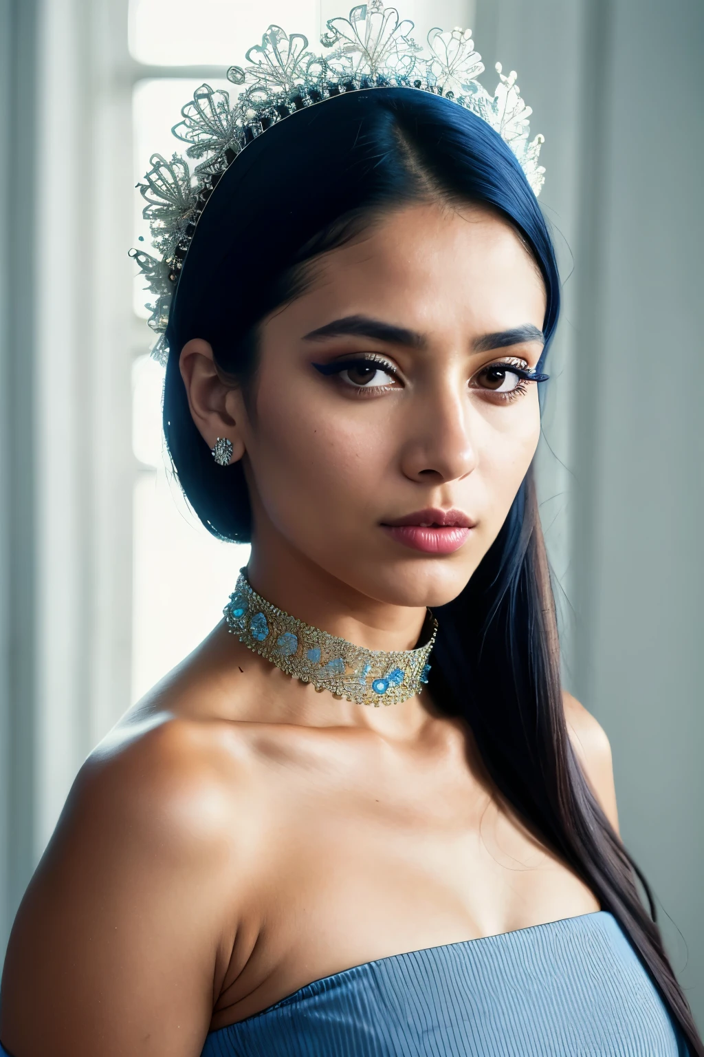 realistic portrait of an extremely beautiful Salvadorean woman, wearing a tight blue Nadia Long Sleeve Scoop Back Midi Dress, wearing a choker, detailed facial features, piercing eyes, wearing a headdress, elegant long eyelashes, beautiful lips, delicate nose, intricate jewelry, dramatic lighting, highly detailed, photorealistic, 8k, cinematic composition, dramatic pose, masterpiece