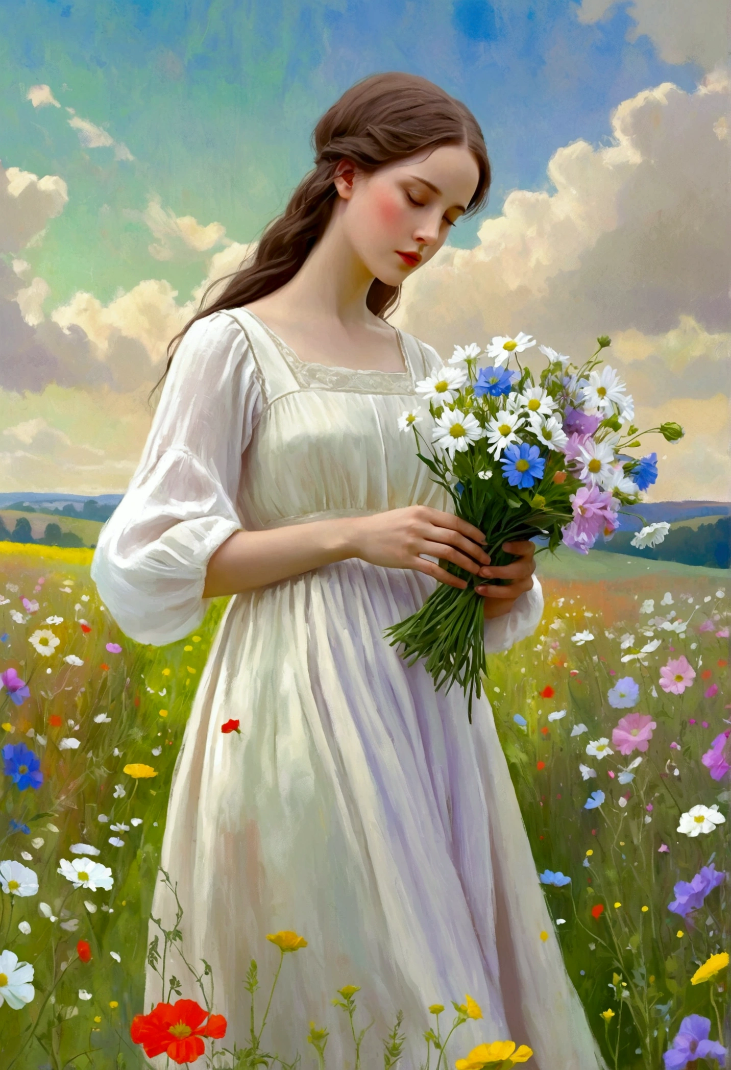 The painting shows a woman in a white dress holding a bouquet of flowers, Bring flowers, Woman in flowers, inspirado em Cynthia Sheppard (Cynthia Sheppard), picking flowers, in a field With flowers, With flowers, Girl in the flowers, digital mixed media painting, Digital Style, Perphone in spring, Inspired by Pierre Puvis de Chavannes, In a field of flowers