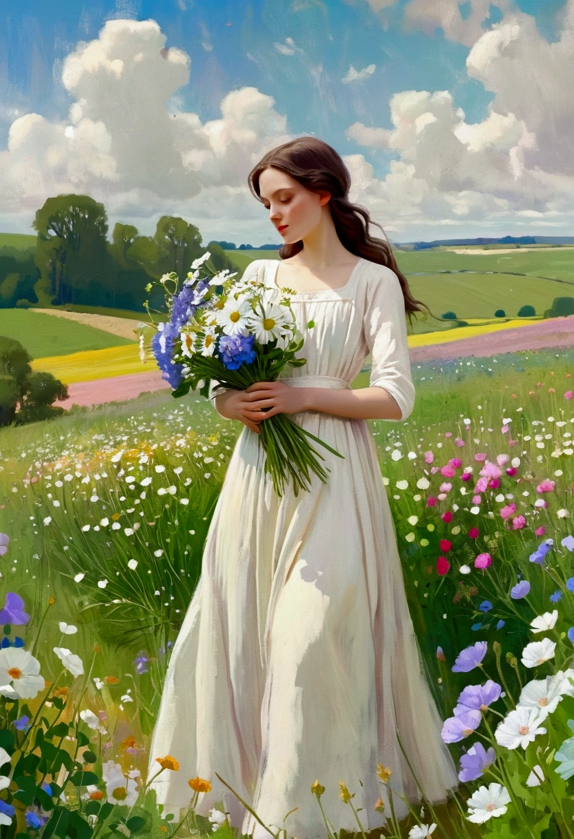 The painting shows a woman in a white dress holding a bouquet of flowers, Bring flowers, Woman in flowers, inspirado em Cynthia Sheppard (Cynthia Sheppard), picking flowers, in a field With flowers, With flowers, Girl in the flowers, digital mixed media painting, Digital Style, Perphone in spring, Inspired by Pierre Puvis de Chavannes, In a field of flowers