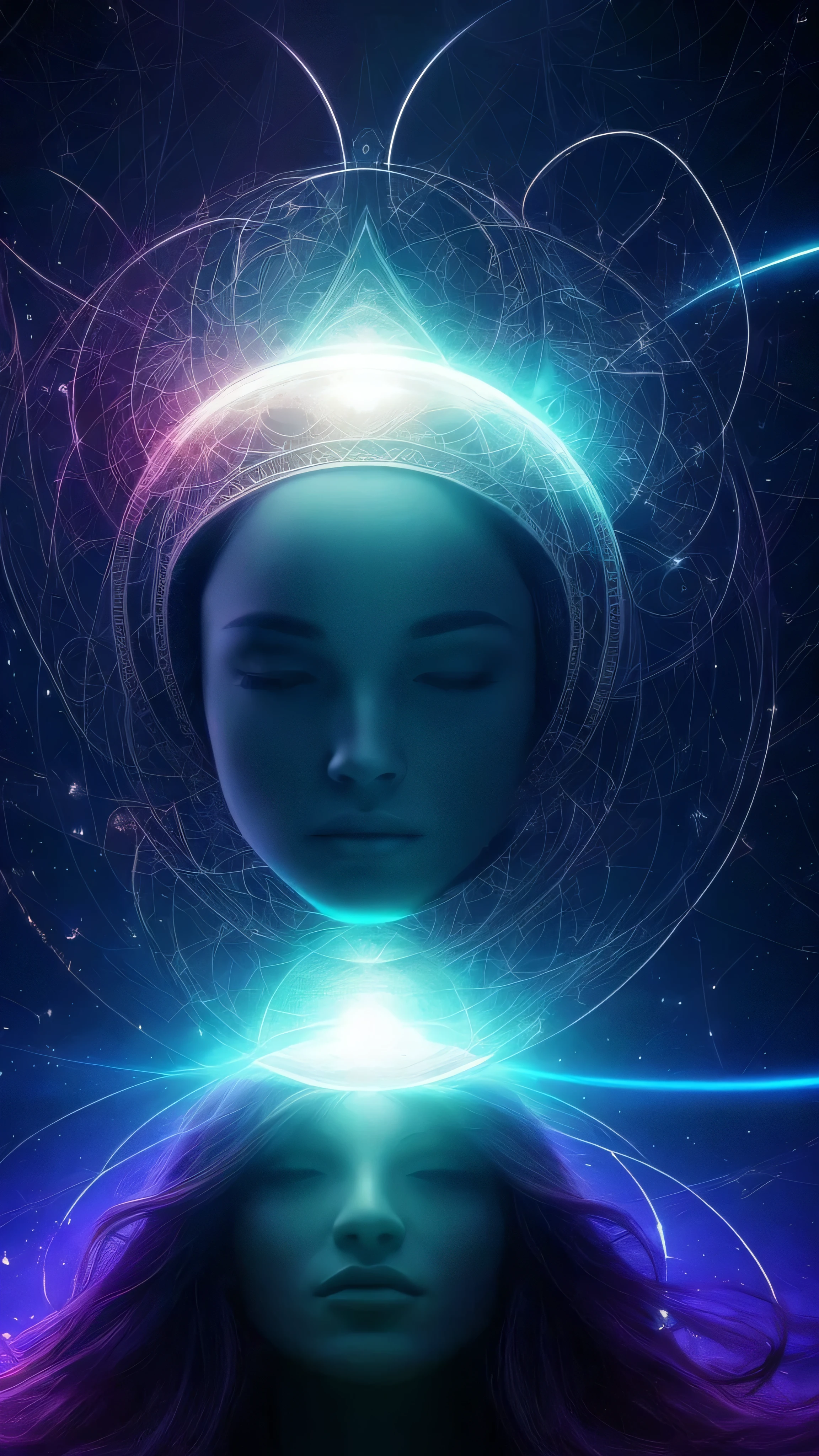 Half Body. high quality, 8K Ultra HD,woman,The body is surrounded by a series of blue binary codes, Curved lines and patterns, Weaving together,Creating a fusion of technology and art, Background with binary code, Hues range from electric blue to bright green,