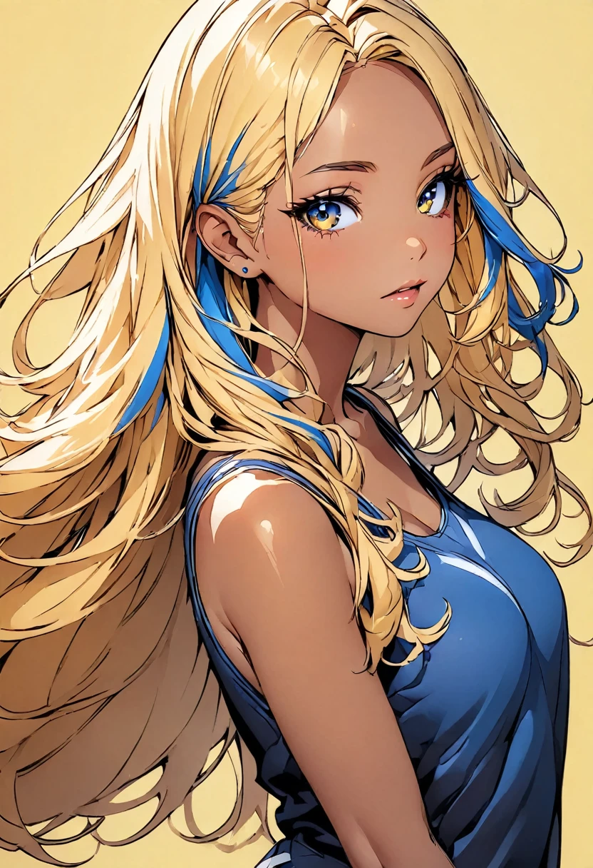 (highest quality:1.2, Very detailed, up to date, Vibrant, Ultra-high resolution, High Contrast, masterpiece:1.2, highest quality, Best aesthetics), Portraiture、girl、slim, long hair, ((wavy hair:0.6))、messy hair, blonde and blue ((streaked hair:1.3)), highlights hair: 1.3, blue eye, medium breast, (tan skin:1.3), blue tank top, shorts, Bright colors、Beautiful fine details、Beautiful lip detail、((Plain yellow background:1.6)), lineart, ((two toned:1.7)), (upper body:1.5), clean line drawings, look at viewer