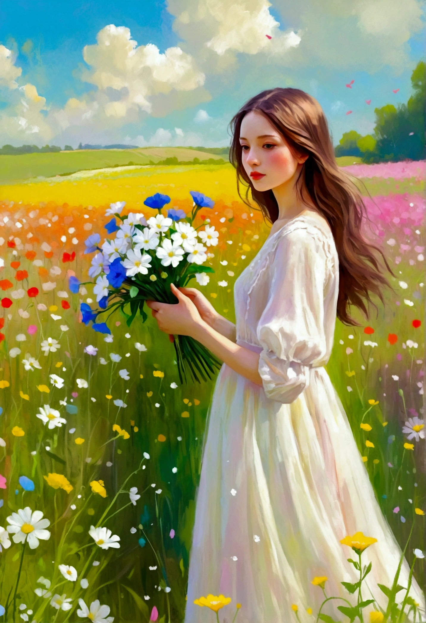 The painting shows a woman in a white dress holding a bouquet of flowers, Digital painting inspired by Cynthia Sheppard, Top trends on deviantart, The art of math, Bring flowers, Woman in flowers, picking flowers, in a field With flowers, With flowers, Girl in the flowers, digital mixed media painting, Digital Style, Perphone in spring, In a field of flowers
