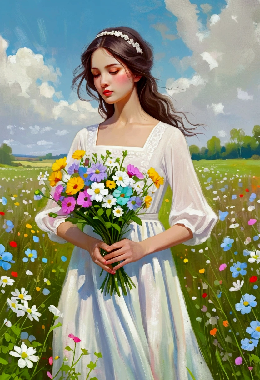 The painting shows a woman in a white dress holding a bouquet of flowers, Digital painting inspired by Cynthia Sheppard, Top trends on deviantart, The art of math, Bring flowers, Woman in flowers, picking flowers, in a field With flowers, With flowers, Girl in the flowers, digital mixed media painting, Digital Style, Perphone in spring, In a field of flowers