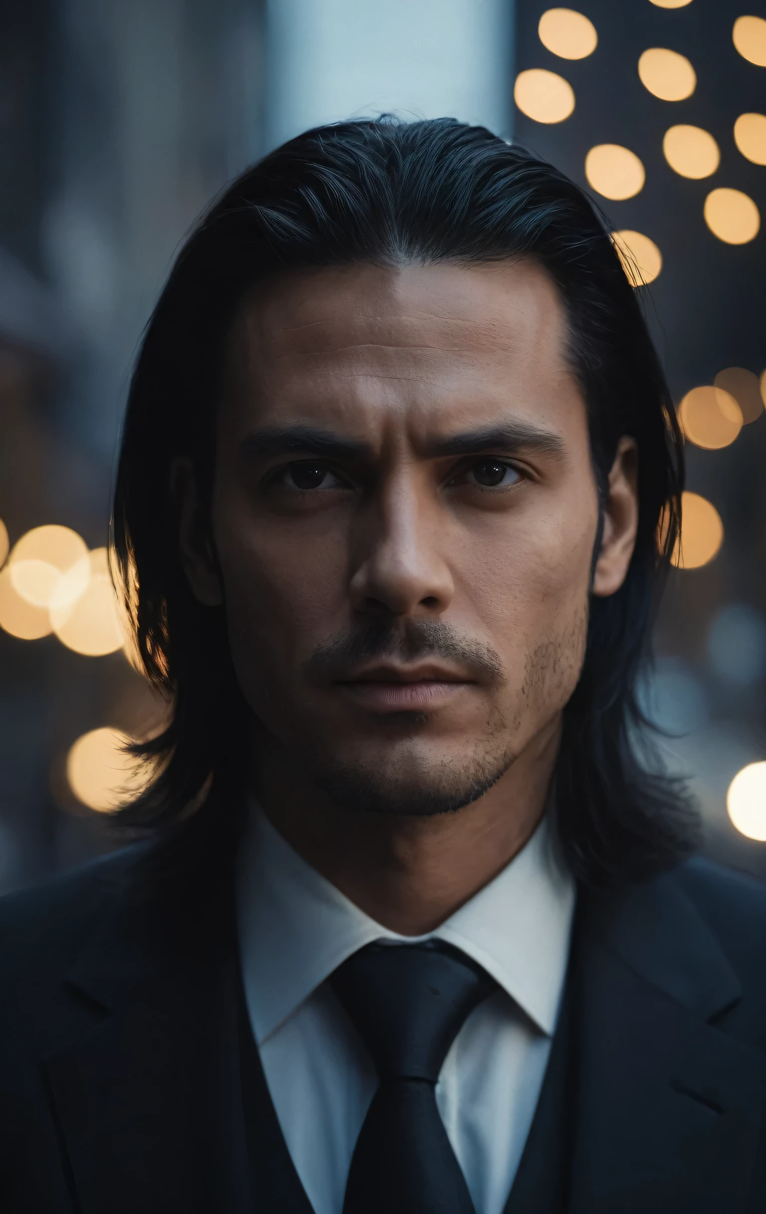 + cinematic photo dark portrait photo of a strong looking man with long black hair , 35mm film, film, bokeh, proffesional, 4K, highy detailed, 35mm photography, film, bokeh, proffesional, 4K, highy detailed