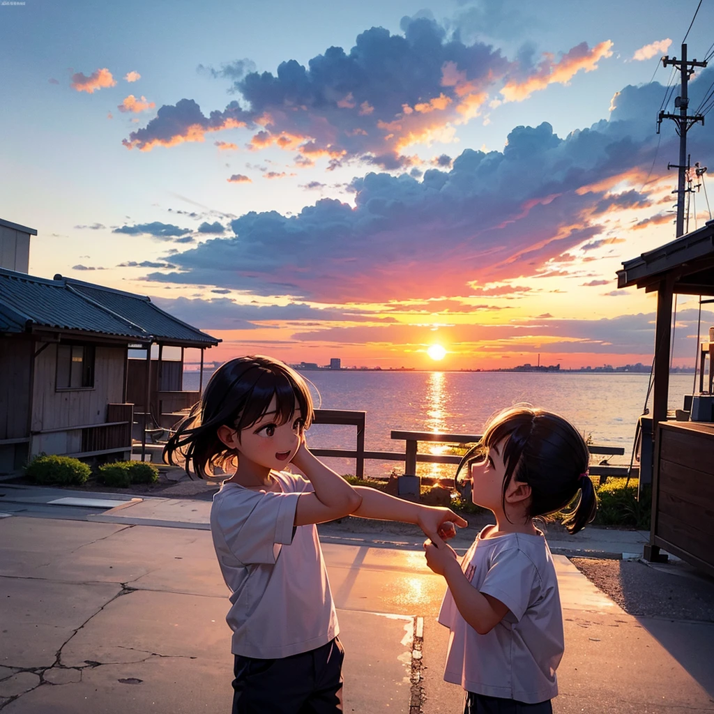 Summer evening,Beautiful sunset,beachside,Two girls with short high school hair in sailor suits treading water on the beach,A smile on his face,High quality hair,high detal,Faraway view,Fuji colors,Turret 400,Tilt view