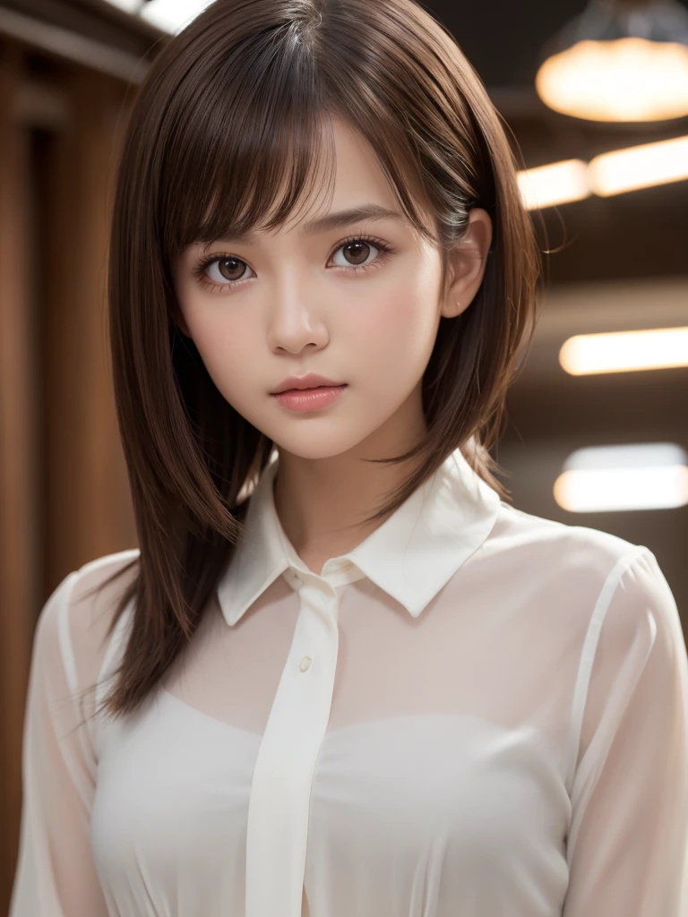 Product quality,1 girl,Cowboy Shot,Front view,Young and pretty girl in Japan,Midday,Wearing a stylish white blouse,Wearing a micro mini skirt,Super cute face,Baby Face,Glossy Lips,Big eyes,Double eyelids on both eyes,(Natural Makeup),Brown eyes,Long bob shiny smooth light brown hair,Asymmetrical bangs,Center image,8k resolution,Attention to detail,Detailed hairstyle,Detailed face,Cinema Lighting,Octane Rendering,Ultra-realistic,Perfect limbs,Perfect Anatomy,