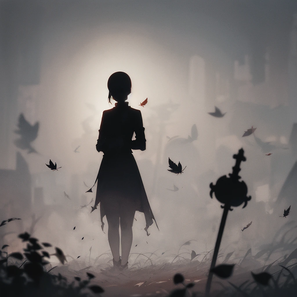 One girl, (silhouette:1.3), Blackwork, Pathological, spooky, leaf, rose, skull, Abstract, Ambient Lighting, (Blurred Background, Blurred foreground, Depth of written boundary:1.3), Swirling Mist, Rainbow fog, Traditional texture, Dripping