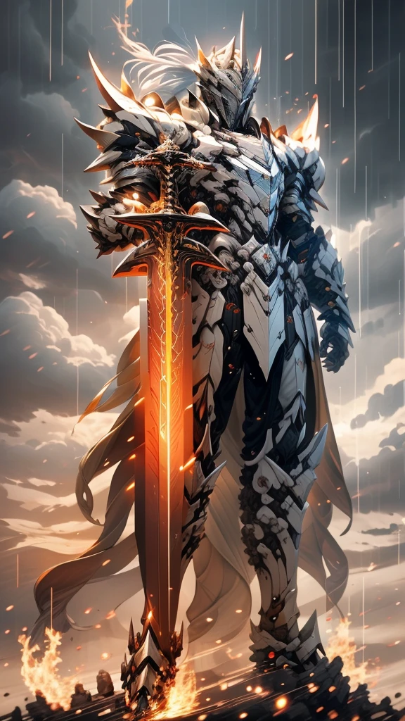 Cyborg Angel King, epic, HdR, Hyperdetail, cinematiclight, (((from front))), (((glowing armor))), ((dark skies)), (((volumetric light))), (((full body, flying))), (((holding ancient sword))), (((distant angle))), (((ablaze, scorching)))