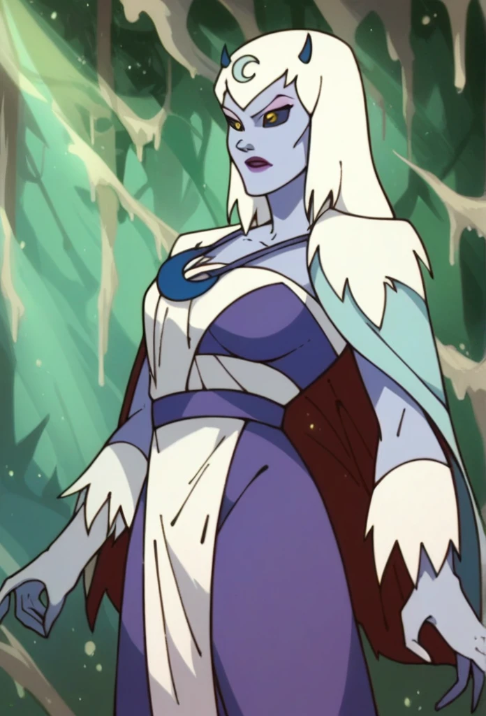 score_9, score_8_up, score_7_up, score_6_up, score_5_up, score_4_up, a girl in the frozen forest,  chilla, thundercats, icicles, standing,  colored skin, cape, white hair, long hair, solo,  black sclera, yellow eyes,  score_9, source_anime