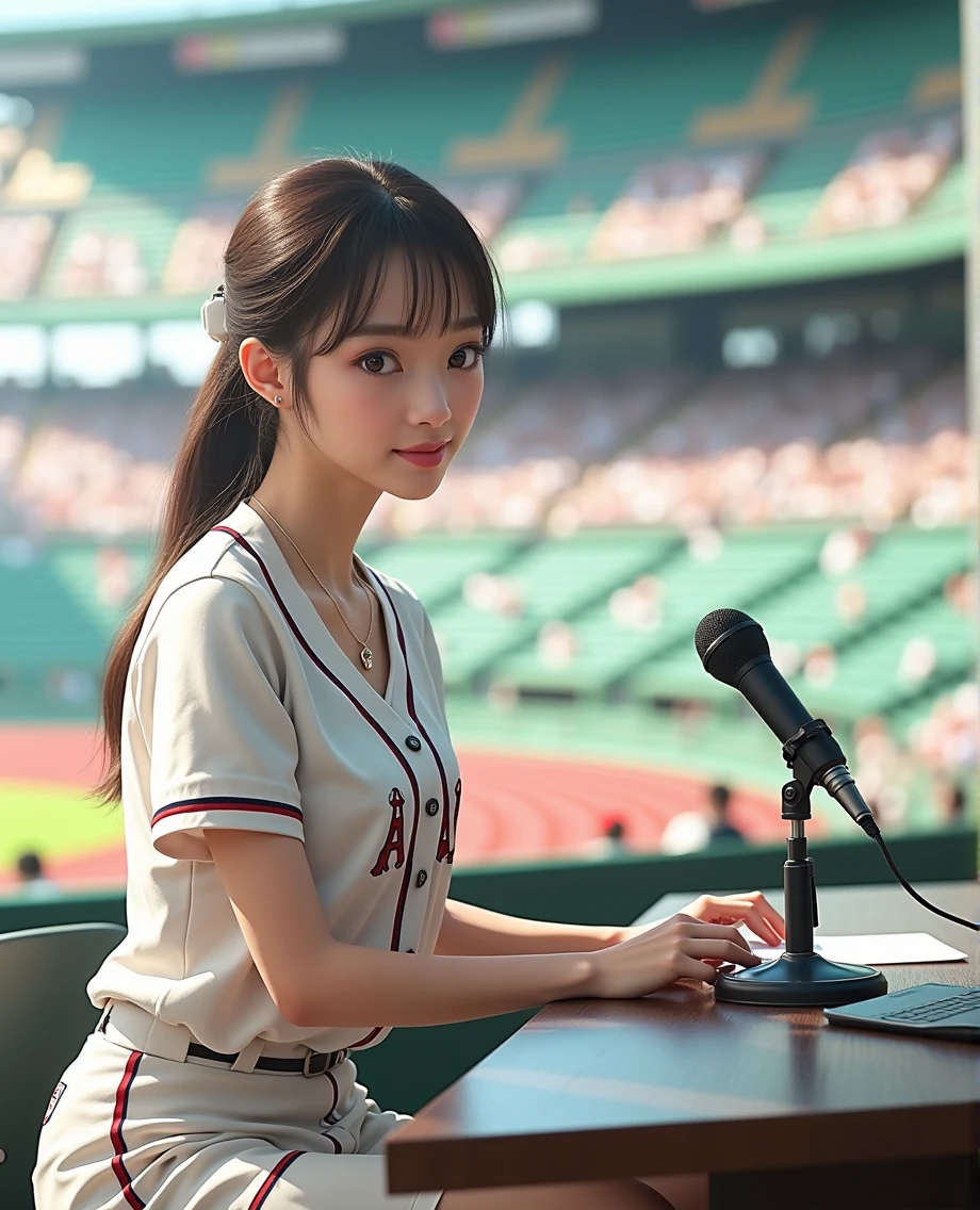 (((photograph、Realistic)))Woman sitting at a desk in front of a microphone, instagramart, Shinhanga, baseball stadium during a game, bright atmosphere, Tokyo Dome, covered!!, official media, toriyama akira, lightning!! (((photo, Photorealism))) Adult video poster layout, (((on-screen text: "The current female announcer of that famous baseball team makes a shocking AV debut!!"))), (((DVD mark, Blu-ray mark))).
