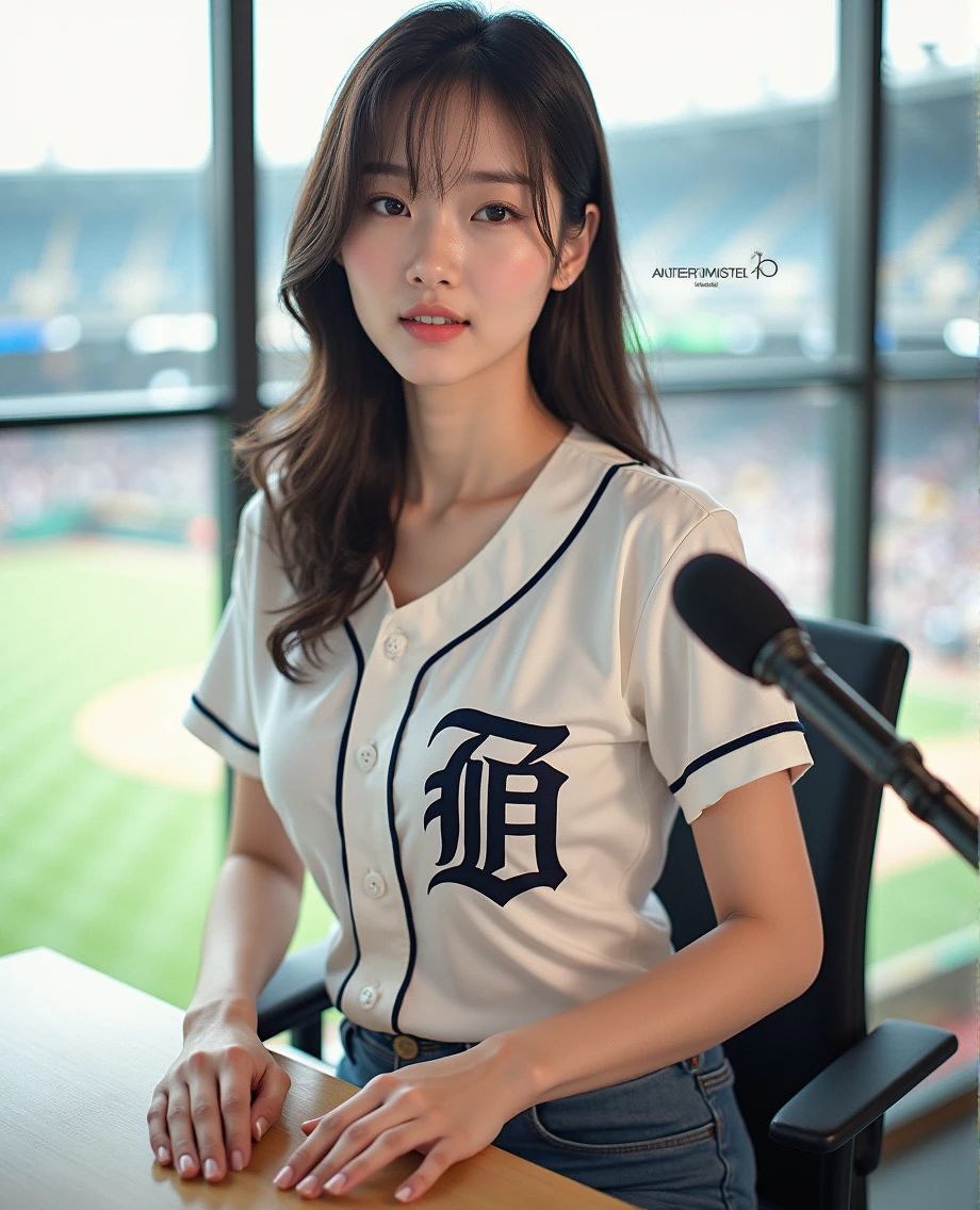 (((photograph、Realistic)))Woman sitting at a desk in front of a microphone, instagramart, Shinhanga, baseball stadium during a game, bright atmosphere, Tokyo Dome, covered!!, official media, toriyama akira, lightning!! (((photo, Photorealism))) Adult video poster layout, (((on-screen text: "The current female announcer of that famous baseball team makes a shocking AV debut!!"))), (((DVD mark, Blu-ray mark))).