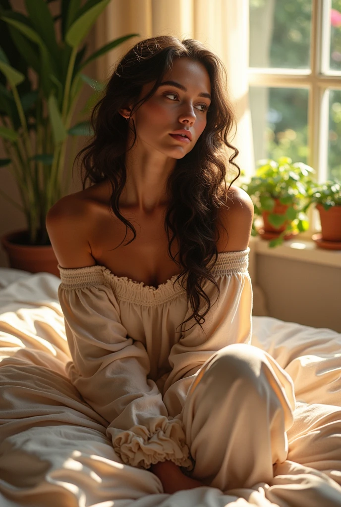 (photorealism:1.2), beautiful woman, sitting on bed, wearing loose off-shoulder top, pajama pants, long curly hair, indoors, soft lighting, plants in background, window with sunlight, cozy room, relaxed pose, realistic, intricate details, warm colors, by Greg Rutkowski, by Alphonse Mucha