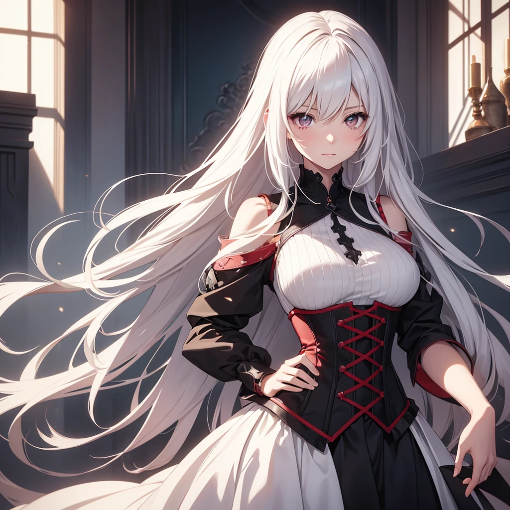 beautiful illustration, illustration style. Style ilustration anime. ((Alone, 1 girl)). excellent quality, fine details, delicate details, 1 woman, girl alone.

beautiful girl, has a slim figure. Her skin is pale and without blemishes. Her hair is long, Wavy, platinum white that reaches to the hips. His eyes red color. enigmatic aura. friendly expression. Medium to large breasts.

Long dresses in black tones, White and red, often with a corset.