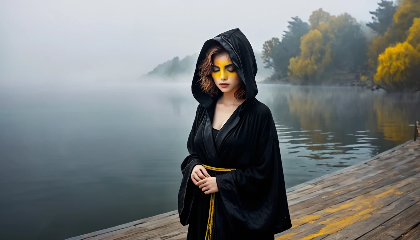 ((masterpiece, Fantasy,He has one eye closed and is painting., Girl)), Brown wavy hair,Shoulder-length hair, Black hooded robe,assassin, Yellow Eyes, Lakeside, fog