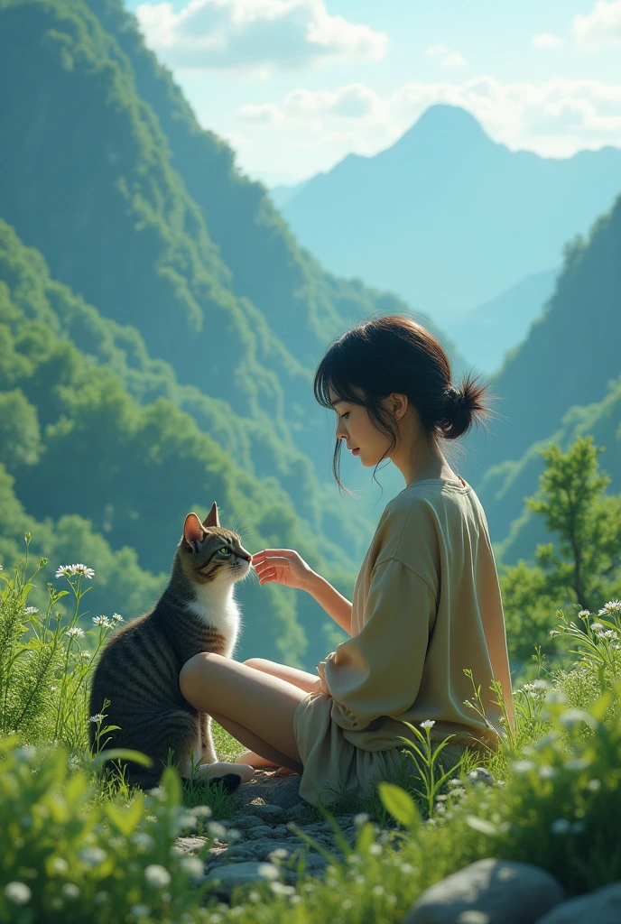 There is a woman standing in a meadow at dusk holding a spotted cat.、s old、cowboy shot、medium long hair、I have bangs、Jeans on a t-shirt、sweater and long skirt、look here、There are purple and pink flowers around.、There is a farmhouse a little far away.、A small moon rises between the distant mountains、There are many stars shining in the night sky、Emotional、perfect lighting、sharp focus、High definition、High level image quality、High color rendering、High resolution、surreal、Photoreal
