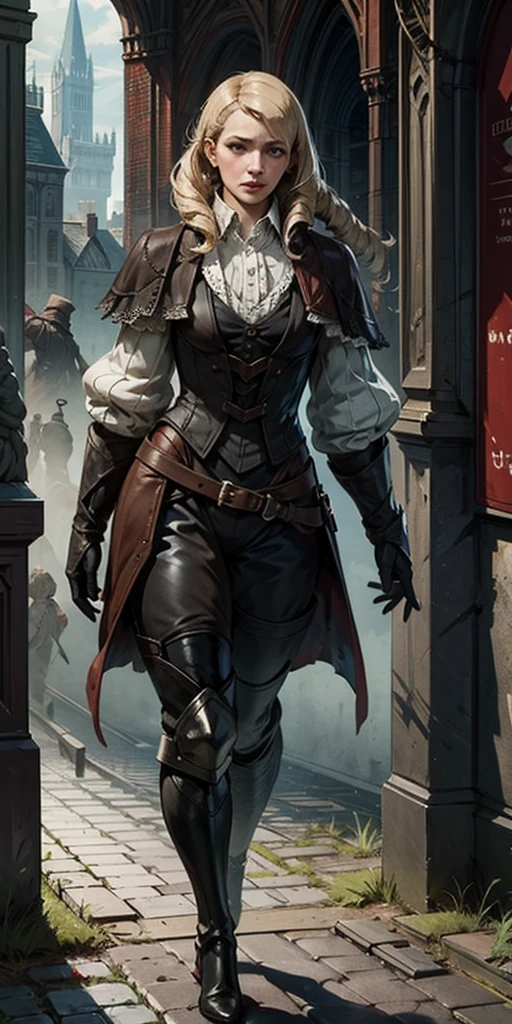 photorealistic, high resolution, soft light,1women, solo, hips up, look at viewer, (detailed face), bangs, edgBB, black gloves, belt, coat, torn clothes, capelet, red gloves gauntlets, vambraces, black capelet, hunter (bloodborne) woman wearing edgBB_outfit, outdoors, gothic architecture, jewelry, full body Forrest Fire Emblem twin drills blonde hair