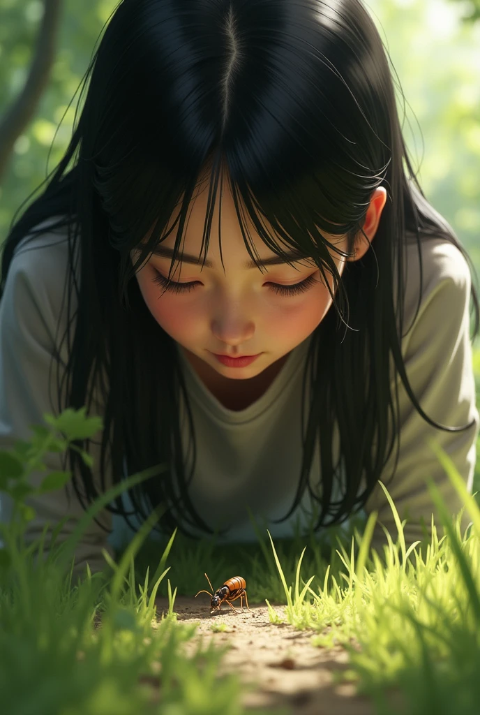 Korean  girl stepping on an ant