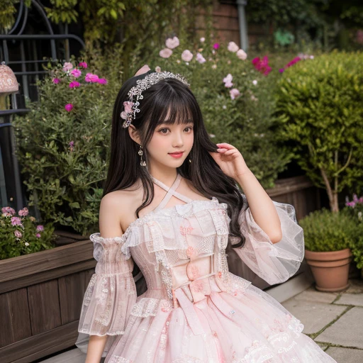 best quality, Delicate face,beautiful visual work, lifelike, eternity, black hair, Long curly hair, blunt bangs, Smile, Detailed Background, Delicate face,blush,cold,((masterpiece))、(top quality)、8k、high detail、Super detailed,31-year-old female,lolita dress, layered dress, Lots of bows on the dress,Pink dress,masterpiece、born、Scenes resembling fairy tale illustrations、intricate details和複雜的設計、Beautifully、magic、capricious、 Beautifully、Dream aesthetics、「𝓡𝓸𝓶𝓪𝓷𝓽𝓲𝓬、ethereal、charming、fickle、magic」、realism、Visual effects、FXAA、SSAO、Shader、voiceless、ambient lighting、Tone mapping、High resolution、Ultra high quality、Million pixels、(8K resolution:1.10)、8k、8k以下、8K resolution、high detail、intricate details, (high quality:1.2、masterpiece:1.2、:1.21)、(31-year-old female:1.21)、(興奮地Smile)、(被dreamy atmosphere所包圍、Model diagram,full-body shot,Normal 2 feet,Put your hands behind you,The protrusion of the breast is visible when wearing clothes, Large Breasts, H cup chest, in the garden,
Pink skirt, Pink loli dress, layered skirt, Lolita style long skirt,layered dress lace-trimmed 裙子, decorate, lace, Long sleeve, Puff sleeves, Wide sleeves, Transparent sleeves, Detailed Background, White knee socks, pink shoes,Lots of lace,((masterpiece))、(top quality)、8k、high detail、Super detailed、穿着Pink loli dress((dreamy atmosphere:1.1)),masterpiece、born、Scenes resembling fairy tale illustrations、intricate details展示了洛麗塔連身裙的荷葉邊和複雜的設計,Baotou shoes