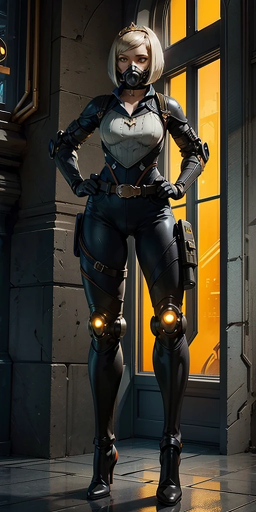 Unreal Engine, Octane render, 8k, ultra sharp. Intricate, highly detailed robot girl with a mechanical body, yellow bright eyes, and a white bob haircut covered by a black gas mask. She is standing solo, full body, with hands on hips, feet together, viewed from below. Features a leather choker, big belt, bracers, and a tiara.