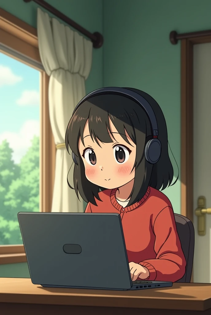 A cartoon character wearing headphones and sitting at a desk with a laptop., Lofi Girl, Lofi Stylestyle, satoshi kon art style, Lofi Style, ESTELO ANIME GHIBLI style, Anime movie screenshots, ESTELO ANIME GHIBLI, Lofi Girl aesthetic, Chihiro! Fujisaki, Low fidelity feel, studio ghibli anime style, Screenshots from the Studio Ghibli anime