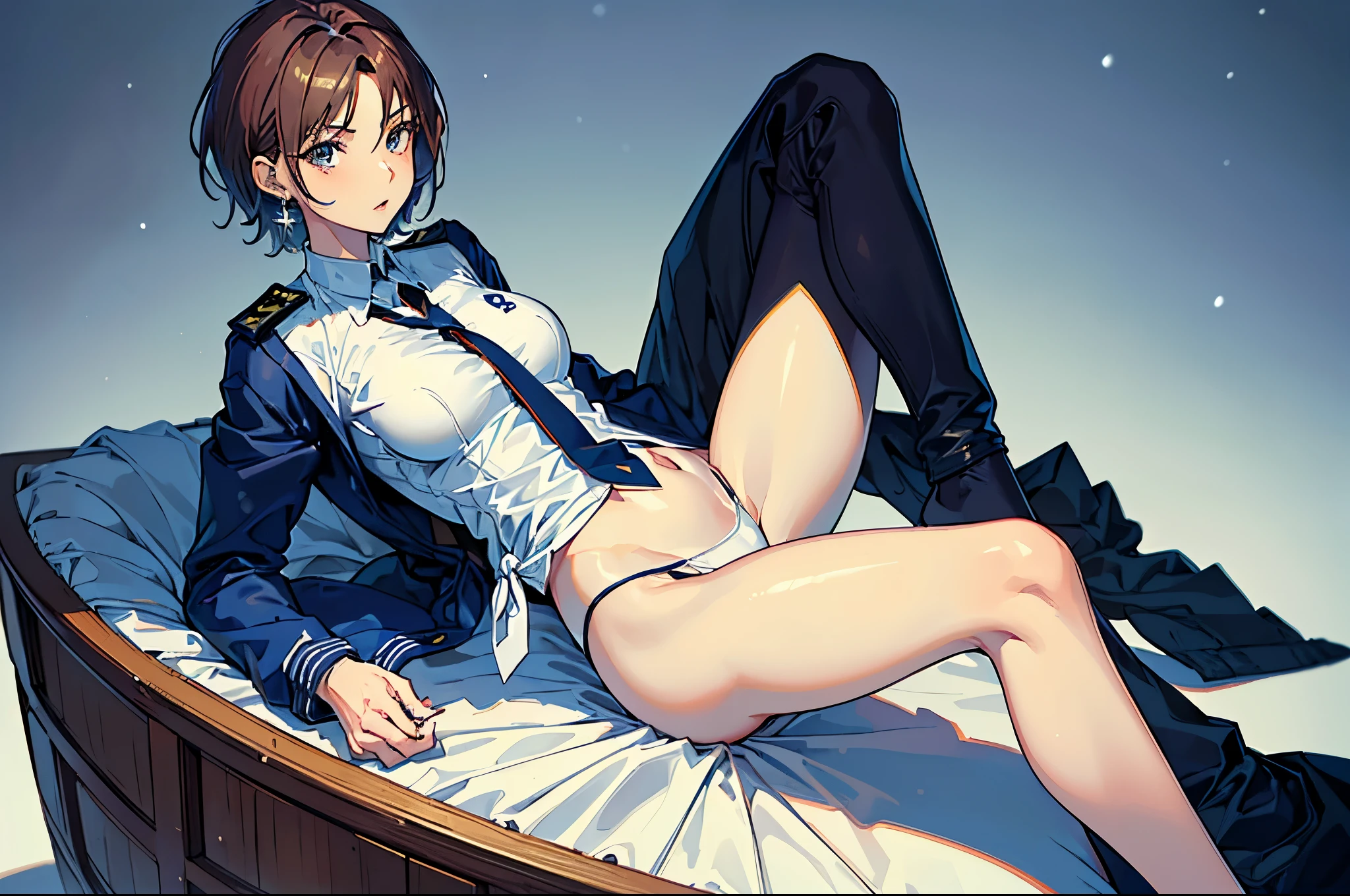 masterpiece,(Perfect Anatomy:1.5), highest quality, 1 lady , slender, leggy, Seductive, short hair, brown hair, (wear a white long sleeved shirt, tie, navy officer winter jacket:1.5), white bikini panties , barefoot, Perfect hands, Perfect body, reclining, lying on a sofa, leg up , looking away, ((Exquisite detail)), Very finely crafted fingers(((10 fingers))), (full body showcase), (Show your whole body), (no background), (No logo) , high resolution, parted lips, belly button