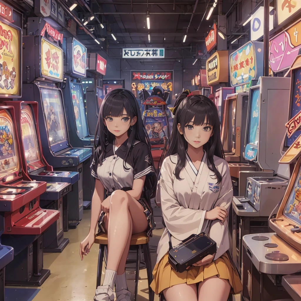 ((Highest quality、8k resolution、Masterpiece、Portraiture:1.3)), Photorealistic, organize, 35mm film, 2 Japanese women, Two or more delinquent high school girls, Ultra mini skirt、Pussy、tits、(Old game center: 1.3), Spread your legs, Lots of arcade machines, Dark Background
