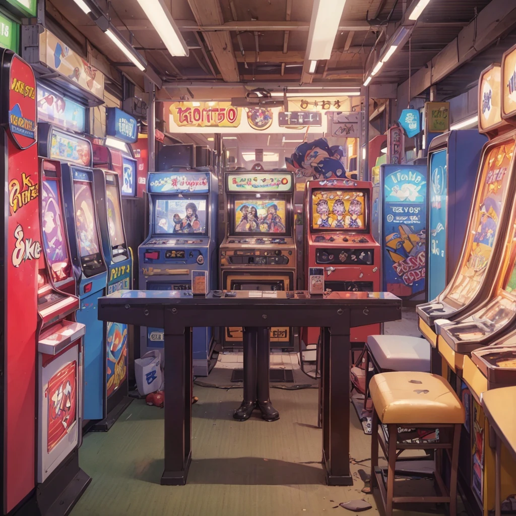 ((Highest quality、8k resolution、Masterpiece、Portraiture:1.3)), Photorealistic, organize, 35mm film, 2 Japanese women, Two or more delinquent high school girls, Ultra mini skirt、Pussy、tits、(Old game center: 1.3), Spread your legs, Lots of arcade machines, Dark Background