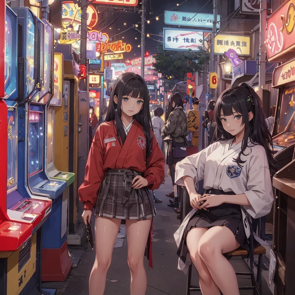 
((Highest quality、8k resolution、Masterpiece、Portraiture:1.3)), Photorealistic, organize, 35mm film, 2 Japanese women, Two or more delinquent high school girls, Ultra mini skirt、Pussy、tits、(Old game center: 1.3), Spread your legs, Lots of arcade machines, Dark Background