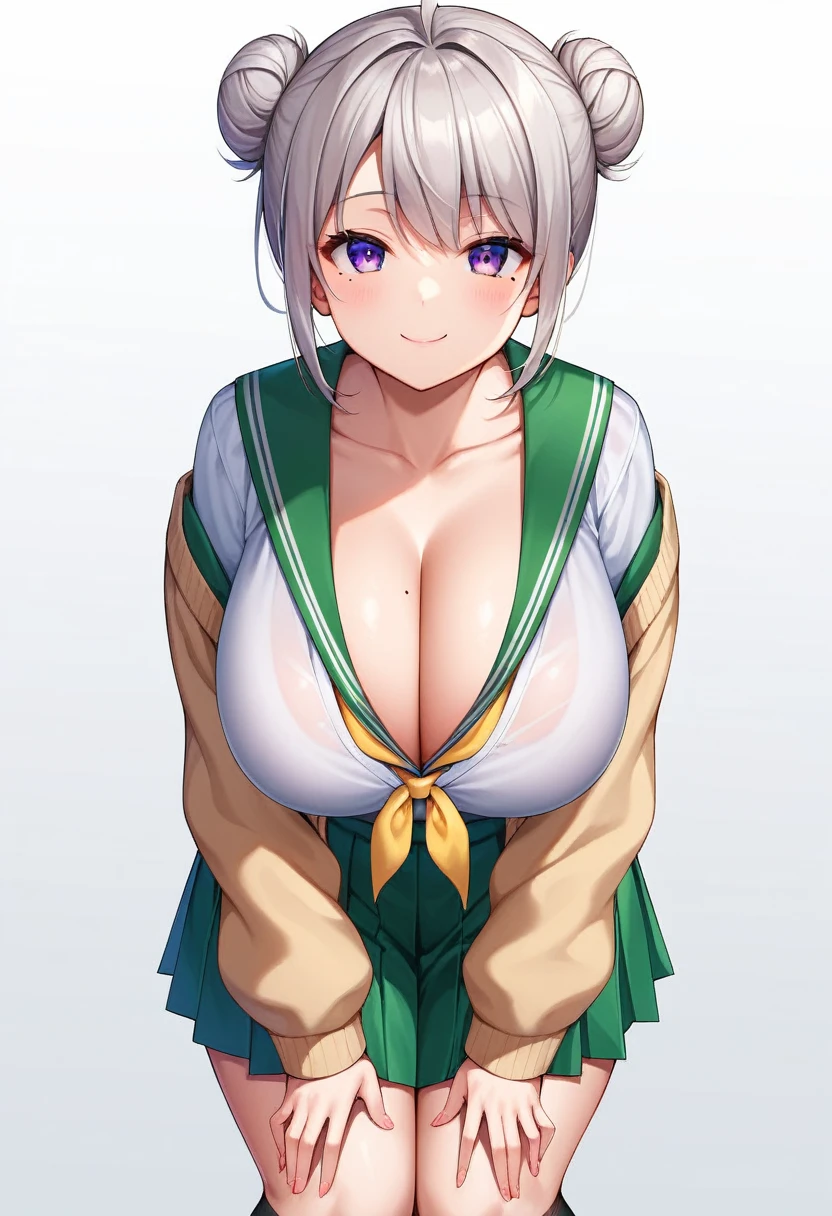 1 girl, alone, chest, looking at viewer, smiling, bangs, skirt, huge breasts, simple background, shirt, knee-high socks, long sleeves, white background, school uniform, purple eyes, collarbone, white shirt, ahoge, grey hair, pleated skirt, low-cut outfit, sailor uniform, black knee-high socks, sailor collar, off-shoulder, hair bun, mole, smiling, neckerchief, sleeves longer than wrists, mole under eye, double bun, leaning forward, cardigan, green skirt, yellow neckerchief collar, top three buttons of sailor collar open, low-cut cardigan, low-cut sailor uniform, green sailor collar, hands on own thighs, cleavage, emphasis on cleavage, no eye highlights
