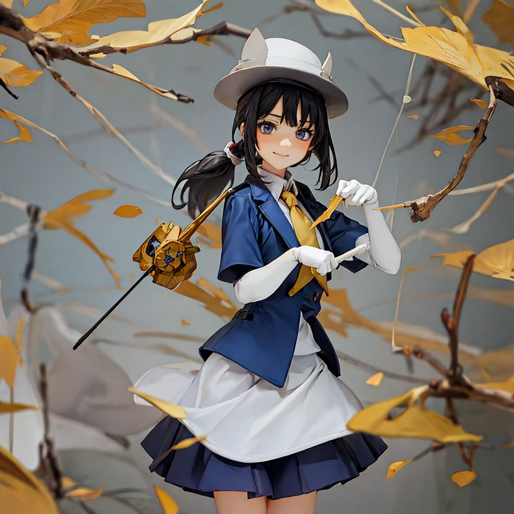 2D, masterpiece, best quality, Japanese cartoons, The face is rich in detail, Very detailed eyes, Very detailed background, Perfect lighting, Cowboy shooting, 1 Girl, Solitary, Aki Rosenthal, Collared dress, Short skirt, Short sleeve, Blue Jacket, Black over-the-knee stockings, Hair loss, Long hair, Low double ponytail, Bob Cut, tie, hat, White gloves, Elbow gloves, Wide hips, Smile, permanent, Spacecraft interior