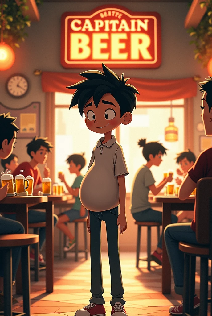 CREATE A SKINNY BOY WITH BLACK HAIR AND A SMALL BELLY IN YOUR BUSINESS, A POPULAR DRINKS DEPOT, WITH CUSTOMERS SITTING AND DRINKING BEER, WITH YOUR SAYINGS "CAPITAIN BEER"
