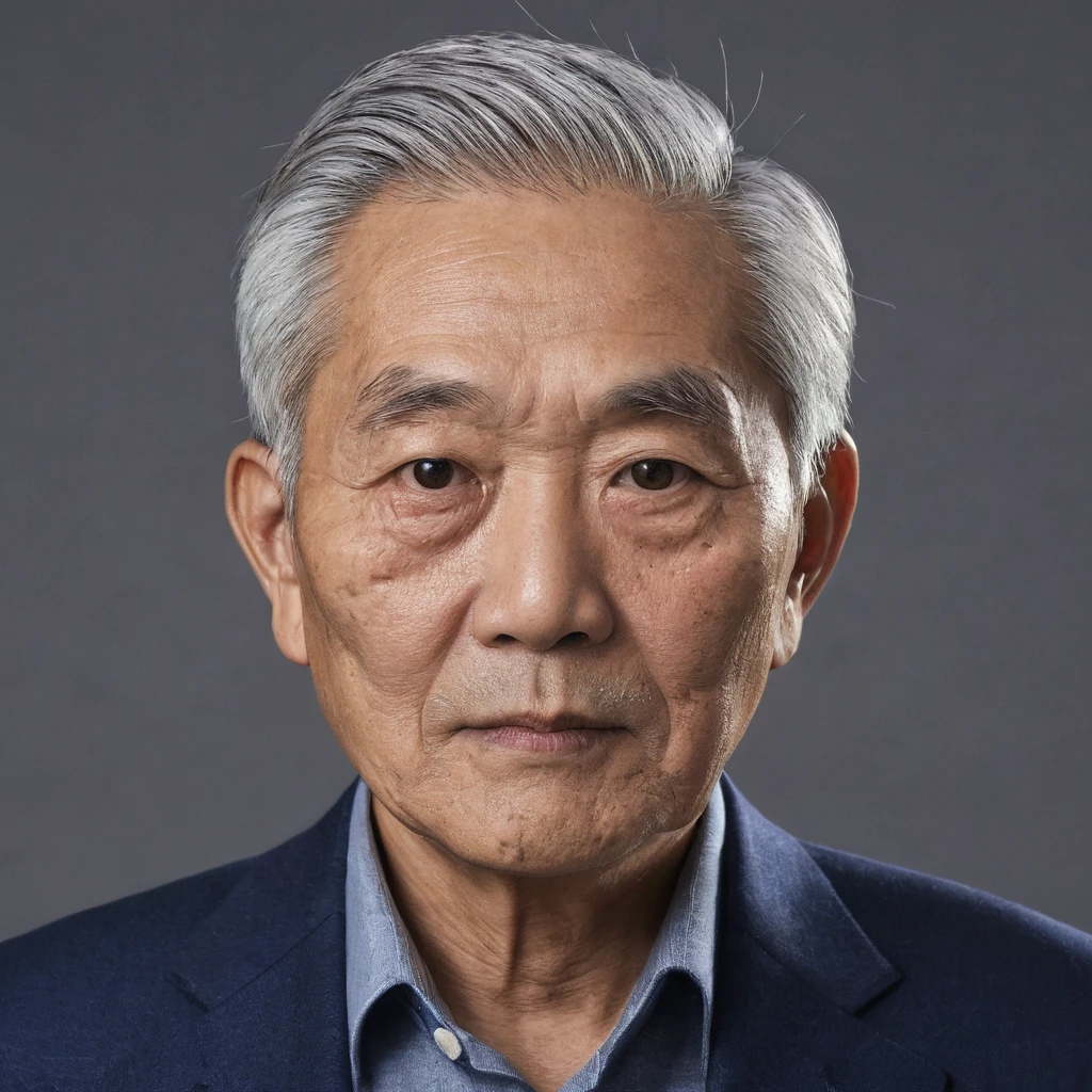 photo of an (asian) old man with a grey hair and a dark blue suit, portrait, color portrait, profile portrait, single portrait, simple background looking at viewer