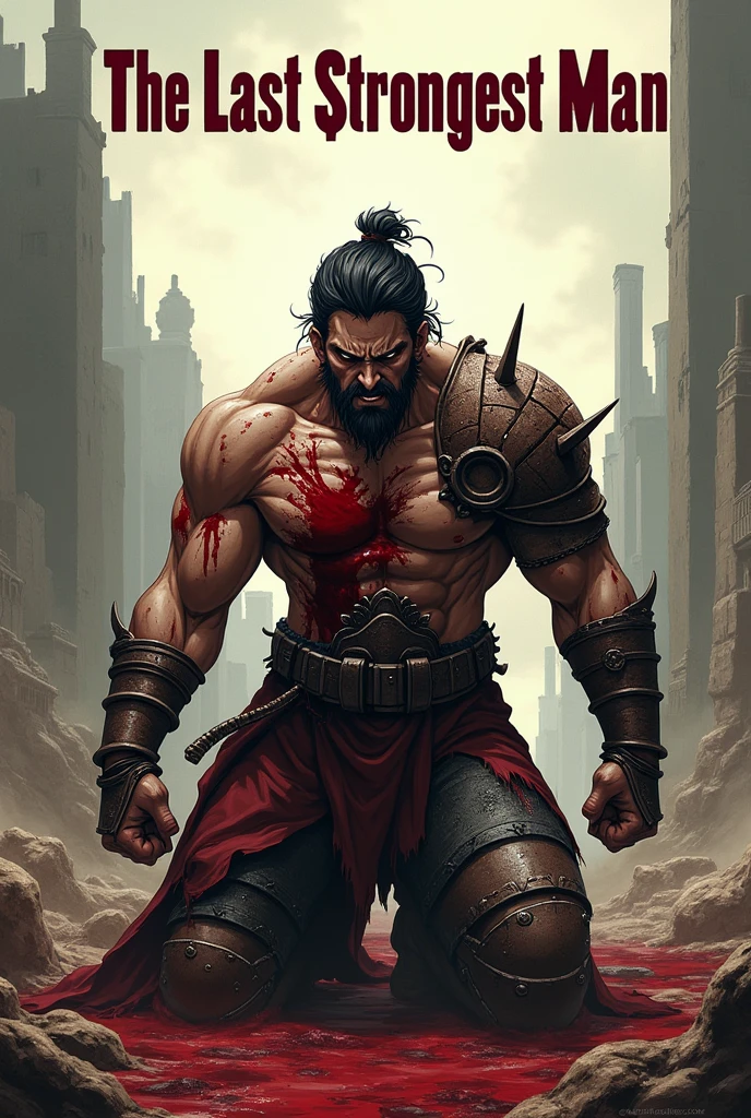 Bloddy anime man in the midst of the apocalypse with broken armor and on his knees with the black background in an ancient era and it says "The Last Strongest Man" at the top