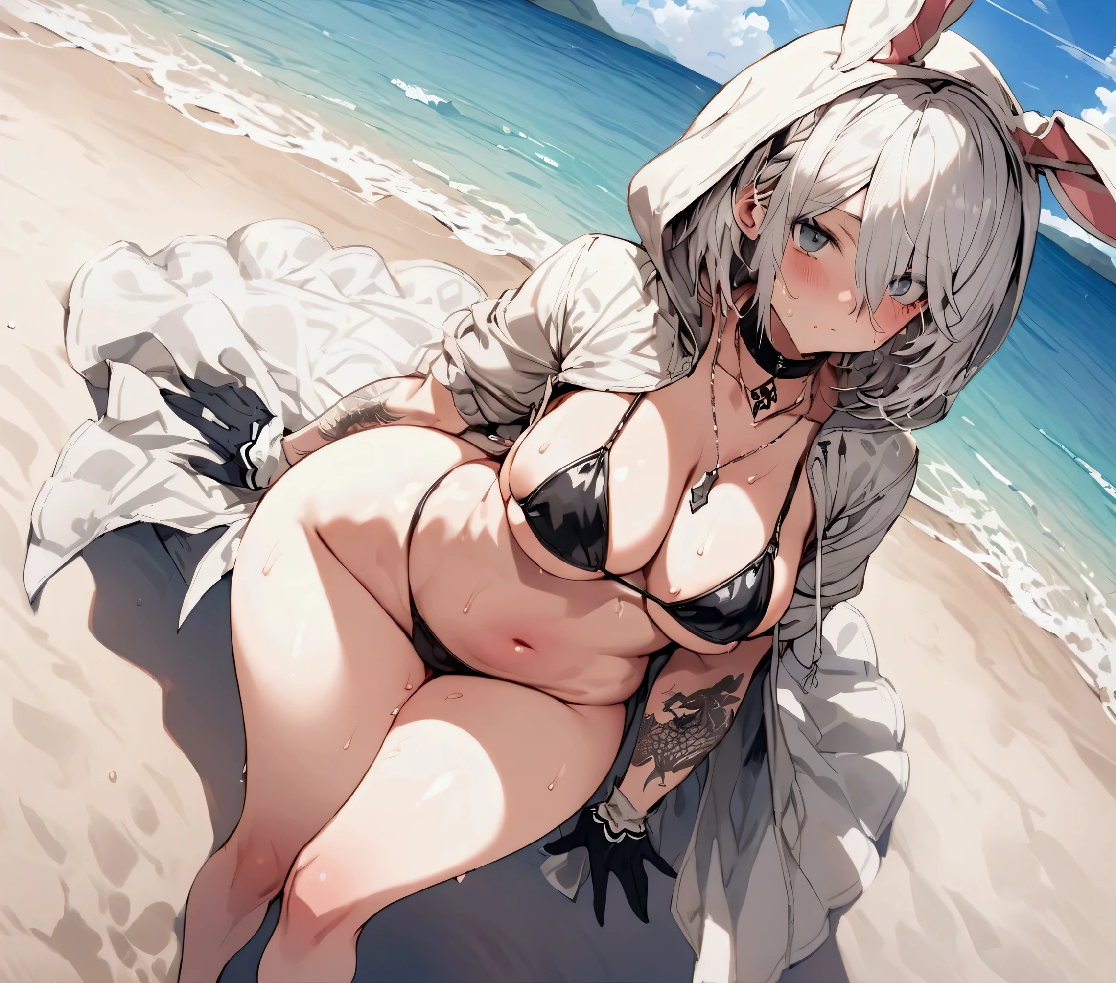 Best Quality, 2B Nier Automata, dragon tattoo on the back, sweating, bunny bikini with hood not on , on the beach, Whole body, Wide hips,