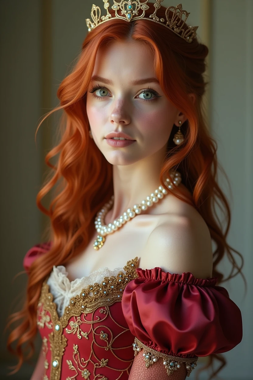 Photograph of a girl, perfect face, masterpiece, princess clothes, green eyes, redhead, white pearls , red , On foot.