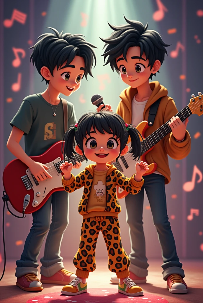 In a room Children with guitars playing at being a rock band , and a poster called PROZAC in a room in Mexico City in the 80s