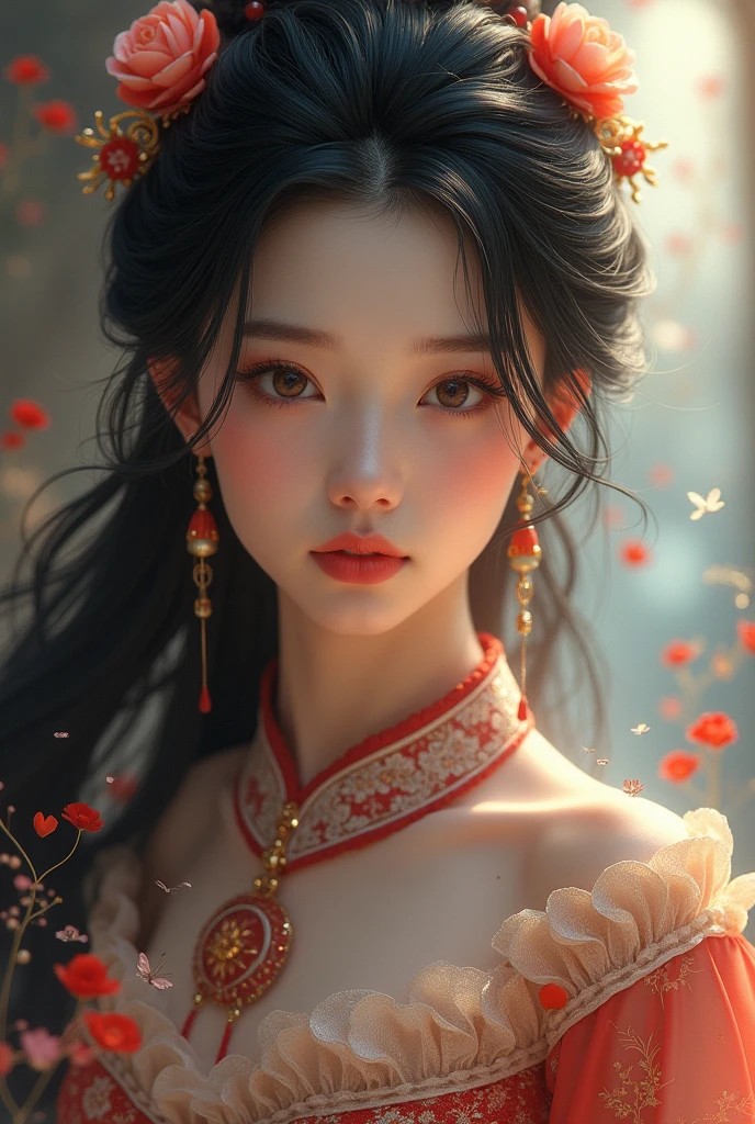 Ultra-high resolution, Clear face, (Reality: 1.4), perfect lighting,(photorealistic), anime wallpaper, Guviz style artwork, fantasy to magic cover, beautiful artwork illustration, beautiful digital artwork, beautiful digital illustration , beautiful portraits, illustrations, delicate and beautiful, highly detailed, fine details, official art, highly detailed unity 8k CG wallpapers, highly detailed, high resolution, highly detailed, highly detailed eyes and faces, beautifully detailed eyes, cinematic lighting, 25 year old woman,1girl, solo, long hair, black hair, hair ornament, Chinese dress, black dress, cheongsam ,absudres, standing, (full body), photo realistic:1.5,