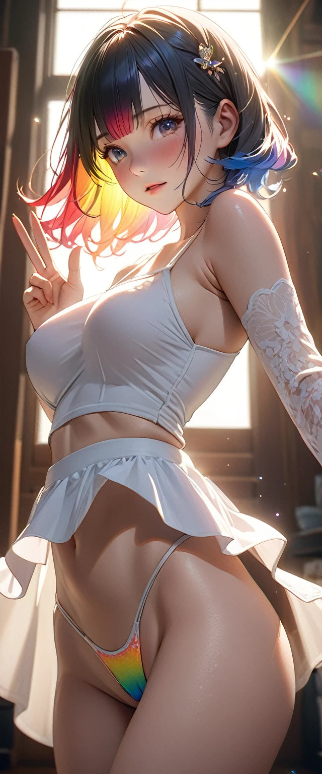 Masterpiece、最high quality、high quality、High definition、High resolution、High detail、Lens flare、Ray tracing method、high qualityの質感、high qualityの影、Beautiful details、Detailed and delicate、Detailed texture、Realistic facial expression、Realistic and colorful、Delicate、Cinematic Light、Side light、Sharp Focus、(1 woman:1.3)、(Intricate details、Makeup、Pure Eros Face_v1:0.5)、(Details Beautiful delicate face、Detailed beautiful delicate eyes、Perfect Facial Proportions、Detailed skin、Charm)、fancy hairstyles、Beautiful bangs、(Two-tone gradient hair color)、slender、(Upturned beautiful breasts)、Raise your arm and make a peace sign、(Detailed crotch、Showing off your crotch)、Female juice、((Experiencing the best orgasm))、(Light-colored V-cut、Light-colored thong)、(Thigh mini skirt、Low-rise mini skirt)、(Front-facing shirt、No sleeve、Crop top)、(The wind blows and sways、 roll up)、Poolside、Low-angle composition、Wide Shot
