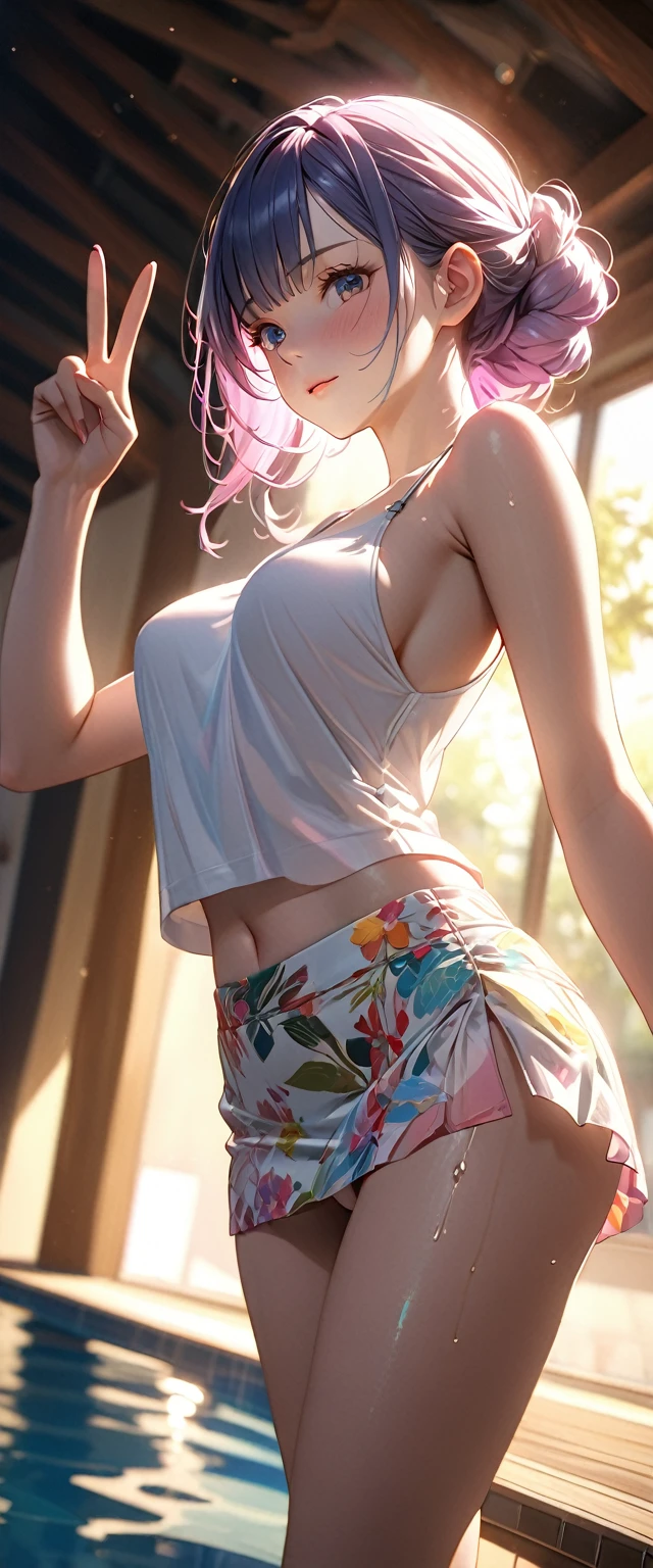 Masterpiece、最high quality、high quality、High definition、High resolution、High detail、Lens flare、Ray tracing method、high qualityの質感、high qualityの影、Beautiful details、Detailed and delicate、Detailed texture、Realistic facial expression、Realistic and colorful、Delicate、Cinematic Light、Side light、Sharp Focus、(1 woman:1.3)、(Intricate details、Makeup、Pure Eros Face_v1:0.5)、(Details Beautiful delicate face、Detailed beautiful delicate eyes、Perfect Facial Proportions、Detailed skin、Charm)、fancy hairstyles、Beautiful bangs、(Two-tone gradient hair color)、slender、(Upturned beautiful breasts)、Raise your arm and make a peace sign、(Detailed crotch、Showing off your crotch)、Female juice、((Experiencing the best orgasm))、(Light-colored V-cut、Light-colored thong)、(Thigh mini skirt、Low-rise mini skirt)、(Front-facing shirt、No sleeve、Crop top)、(The wind blows and sways、 roll up)、Poolside、Low-angle composition、Wide Shot
