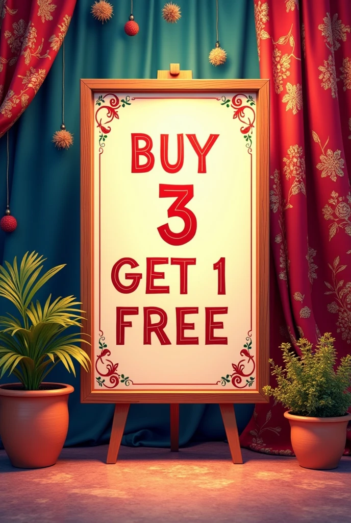 Bye 3 get 1 free wirteen sign bord with some saree decoration at the background