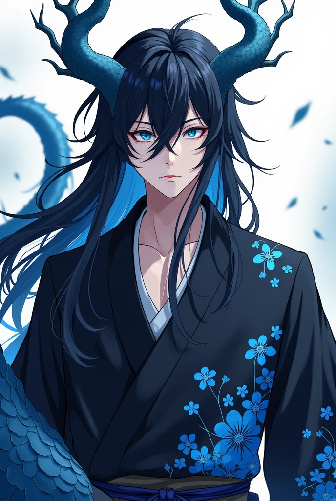 (handsome man with long black hair,Crystal Blue Eyes Japanese Dragon Hybrid,with tail and rounded horns like branches,black haori with sky blue cherry print,anime style blue scales )