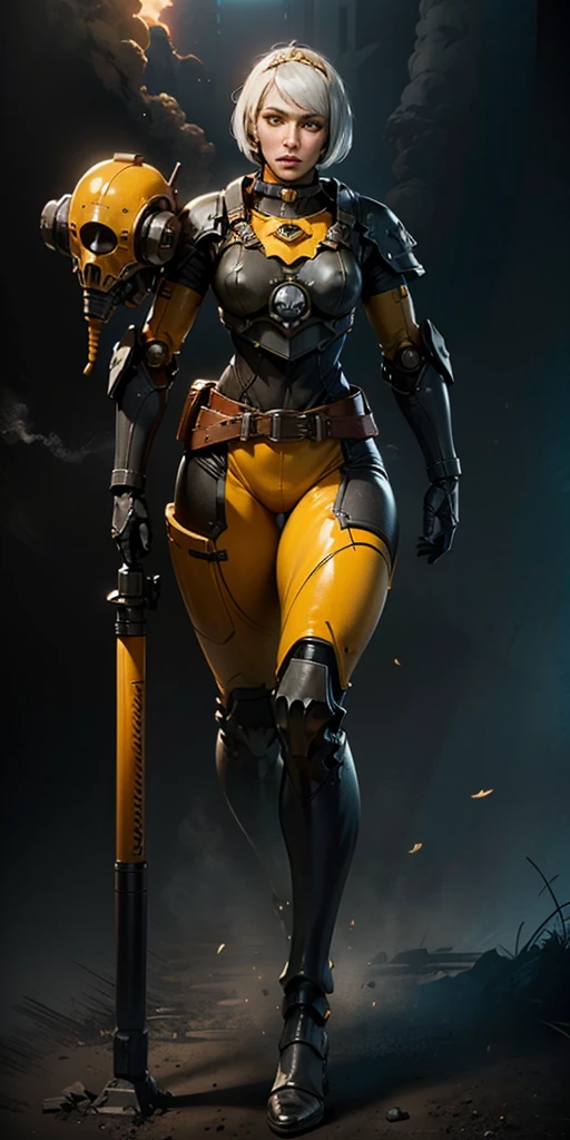 Unreal Engine, Octane render, 8k, ultra sharp. Intricate, highly detailed robot girl with a mechanical body, yellow bright eyes, and a white bob haircut covered by a black gas mask. She is standing solo, full body, with hands on hips, feet together, viewed from below. Features a leather choker, big belt, bracers, and a tiara.