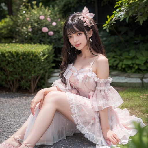 best quality, Delicate face,beautiful visual work, lifelike, eternity, black hair, Long curly hair, blunt bangs, Smile, Detailed Background, Delicate face,blush,cold,((masterpiece))、(top quality)、8k、high detail、Super detailed,31-year-old female,ta dress, layered dress, Lots of bows on the dress,Pink dress,masterpiece、born、Scenes resembling fairy tale illustrations、intricate details和複雜的設計、Beautifully、magic、capricious、 Beautifully、Dream aesthetics、「𝓡𝓸𝓶𝓪𝓷𝓽𝓲𝓬、ethereal、charming、fickle、magic」、realism、Visual effects、FXAA、SSAO、Shader、voiceless、ambient lighting、Tone mapping、High resolution、Ultra high quality、Million pixels、(8K resolution:1.10)、8k、8k以下、8K resolution、high detail、intricate details, (high quality:1.2、masterpiece:1.2、:1.21)、(31-year-old female:1.21)、(興奮地Smile)、(被dreamy atmosphere所包圍、Model diagram,full-body shot,Normal 2 feet,Put your hands behind you,The protrusion of the breast is visible when wearing clothes, Large Breasts, H cup chest, in the garden,
Pink skirt, Pink loliss, layered skirt, Lolita s long skirt,layered dress lace-trimmed 裙子, decorate, lace, Long sleeve, Puff sleeves, Wide sleeves, Transparent sleeves, Detailed Background, White knee socks, pink shoes,Lots of lace,((masterpiece))、(top quality)、8k、high detail、Super detailed、穿着Pink loli dress((my atmosphere:1.1)),masterpiece、born、Scenes resembling fairy tale illustrations、intricate details展示了洛麗塔連身裙的荷葉邊和複雜的設計,Baotou shoes
