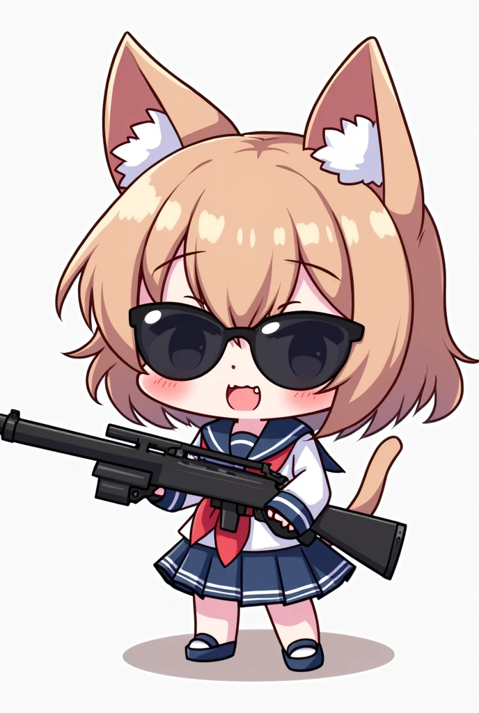 Cat Cat耳 Chibi character Girl Sailor suit Holding a sniper rifle Lolita Wearing sunglasses with black lenses cute Sailor suitと機関銃