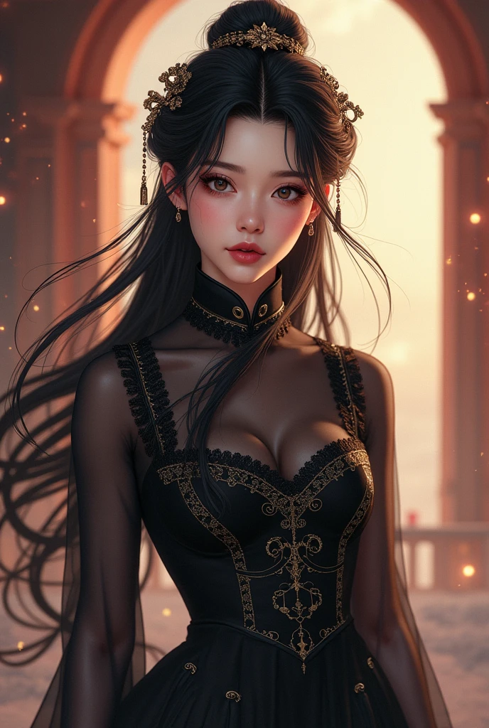 Ultra-high resolution, Clear face, （Reality： 1.4）, perfect lighting,(photorealistic), anime wallpaper, Guviz style artwork, fantasy to magic cover, beautiful artwork illustration, beautiful digital artwork, beautiful digital illustration , beautiful portraits, illustrations, delicate and beautiful, highly detailed, fine details, official art, highly detailed unity 8k CG wallpapers, highly detailed, high resolution, highly detailed, highly detailed eyes and faces, beautifully detailed eyes, cinematic lighting, 25 year old woman,1girl, solo, long hair, black hair, hair ornament, Chinese dress, black dress, cheongsam ,absudres, standing, (full body), photo realistic:1.5, looking at viwer,