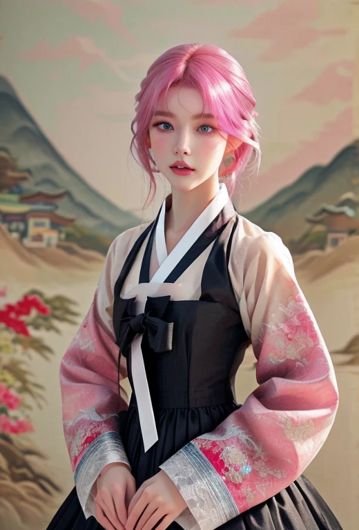 (finely detailed beautiful eyes and detailed face,masterpiece sidelighting,masterpiece,best quality,detailed,High-resolution illustration),, (1 woman,whole body,Bishōjo,shiny skin,looking down,looking at viewer),, (pink hair,blue eyes,ribbon,Han bok, korean clothes), (Dressed up_Underbust:1.2),Under the chest,
