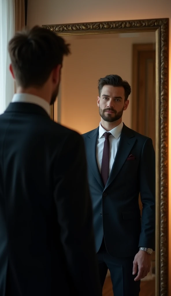 a full Portrait of a businessman in his room standing behind his mirror in the bedroom in a suit watching himself in the mirror, this man must be handsome and with little elegant hair the image must be clear and in 8k and behind him you must see New York