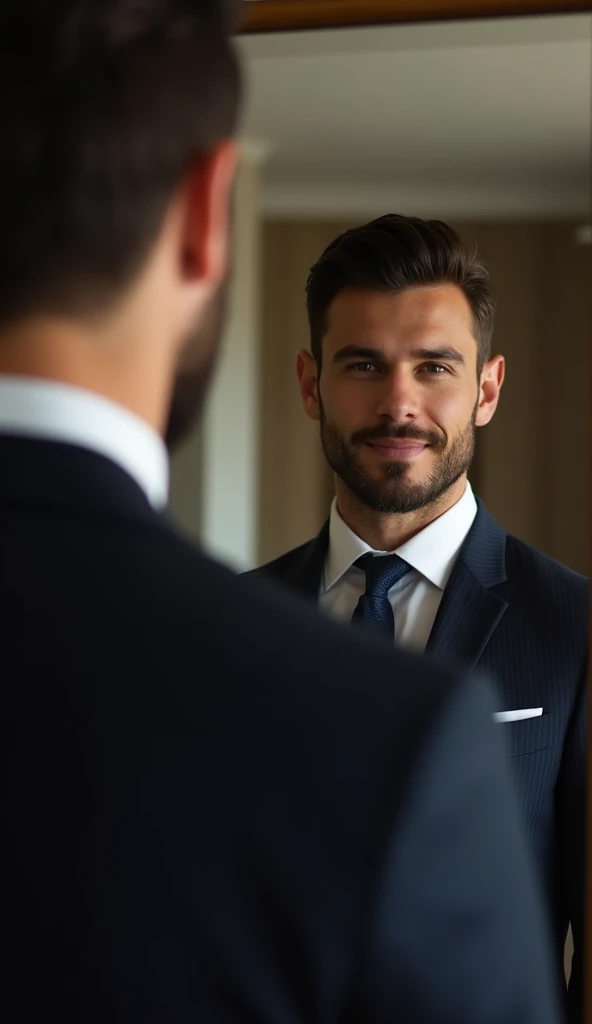 a full Portrait of a businessman in his room standing behind his mirror in the bedroom in a suit watching himself in the mirror, this man must be handsome and with little elegant hair the image must be clear and in 8k and behind him you must see New York