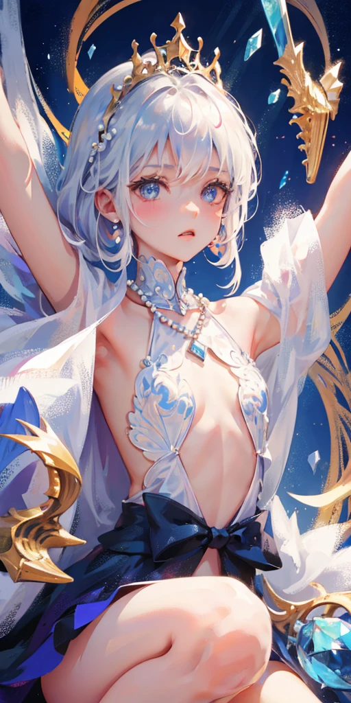 a girl、a baby face、Very cute、slim and beautiful、((small :1.2))、The eyes are well drawn、charming eyes、double tail、Wear jewelry and pearls around your neck,Transparent openwork、Deep V、Crystal Pearls、在Wear jewelry and pearls around your neck,white hair, Showing thighs, bare shoulders, showing clavicle, Yao Liu, barefoot,((whole body))、painful posture