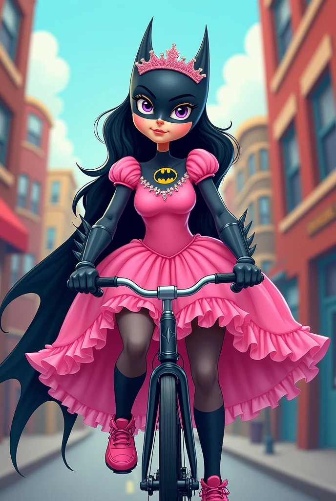 Batman with pink princess outfit, cycling, cartoon/anime style, reduce shading and make it more like cartoon or 2d style